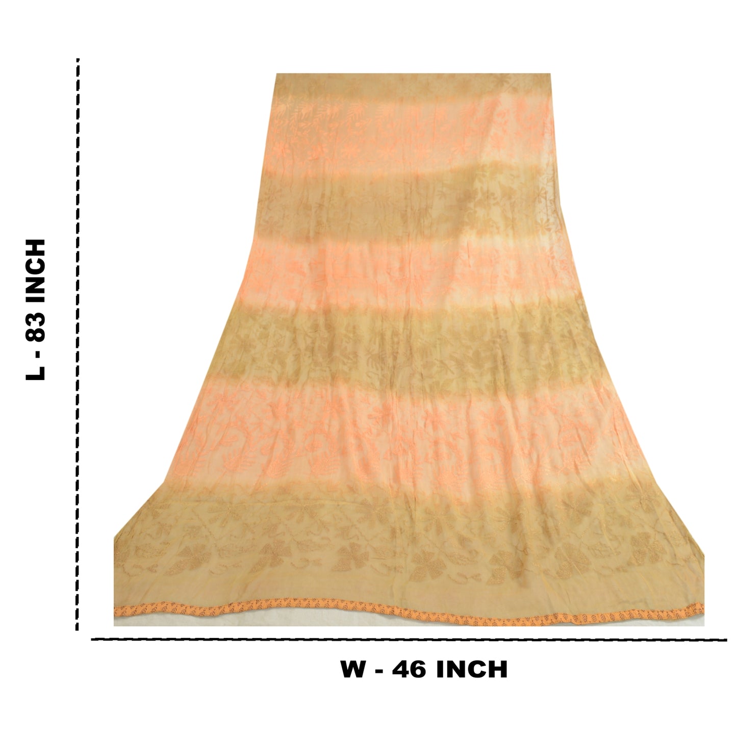 Sanskriti Vintage Dupatta Long Stole Blend Georgette Peach/Green Handmade Kantha