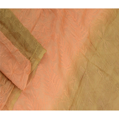 Sanskriti Vintage Dupatta Long Stole Blend Georgette Peach/Green Handmade Kantha