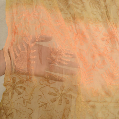 Sanskriti Vintage Dupatta Long Stole Blend Georgette Peach/Green Handmade Kantha