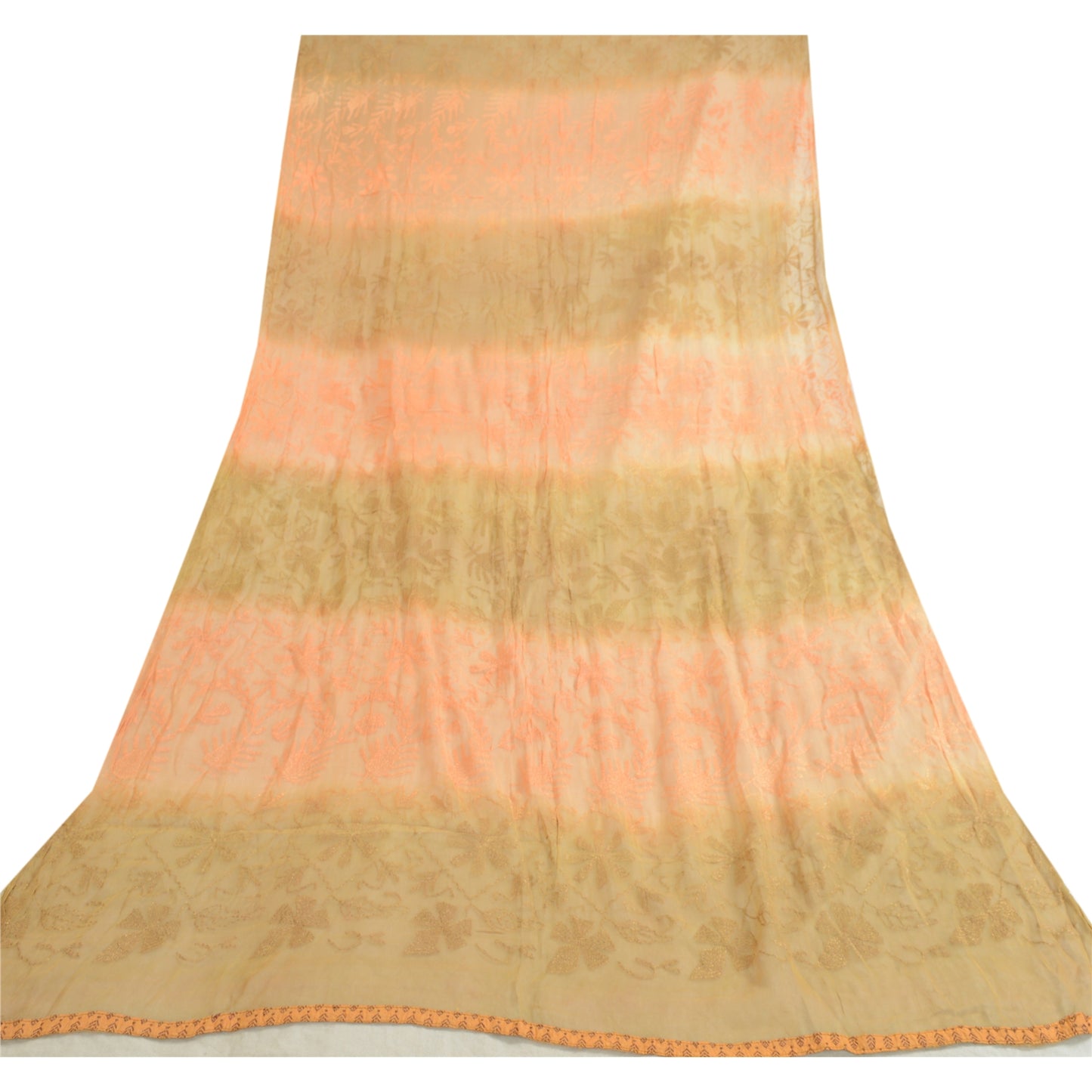 Sanskriti Vintage Dupatta Long Stole Blend Georgette Peach/Green Handmade Kantha