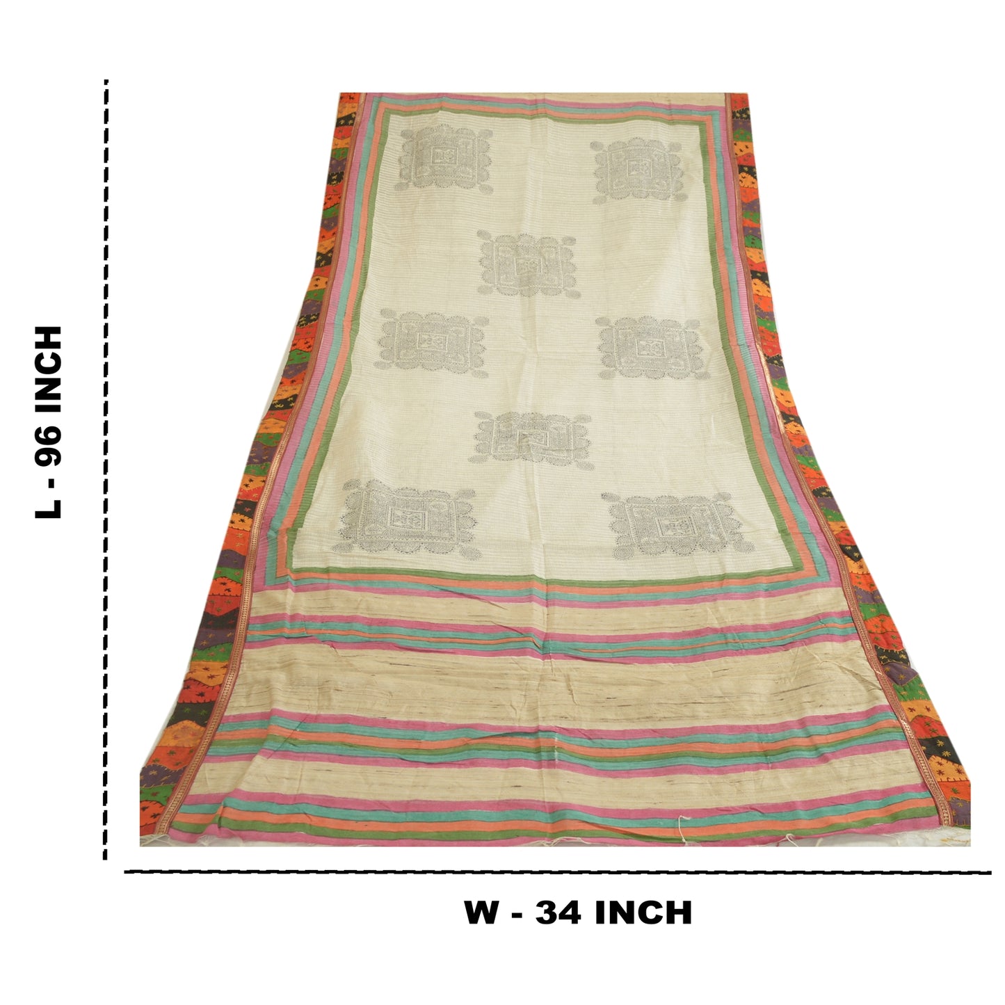 Sanskriti Vintage Ivory Long Dupatta/Stole Pure Handloom Silk Hand-Block Printed