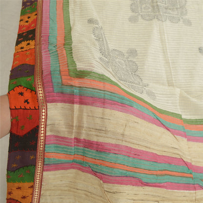 Sanskriti Vintage Ivory Long Dupatta/Stole Pure Handloom Silk Hand-Block Printed