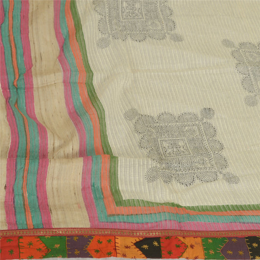 Sanskriti Vintage Ivory Long Dupatta/Stole Pure Handloom Silk Hand-Block Printed