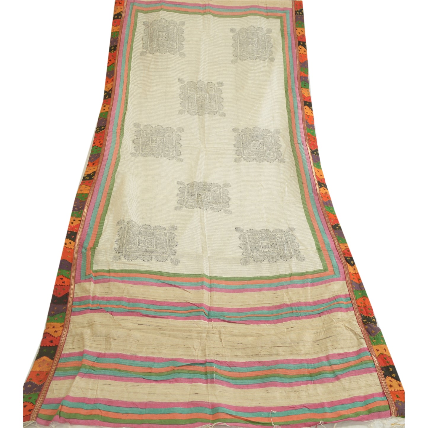 Sanskriti Vintage Ivory Long Dupatta/Stole Pure Handloom Silk Hand-Block Printed
