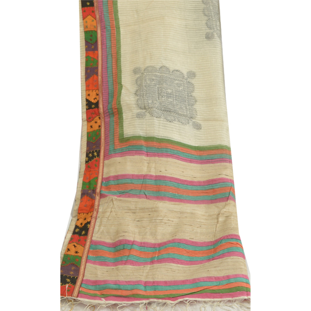 Sanskriti Vintage Ivory Long Dupatta/Stole Pure Handloom Silk Hand-Block Printed