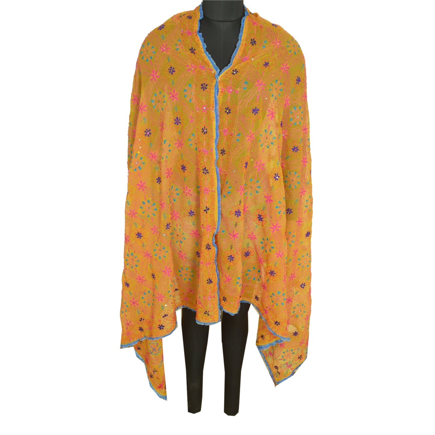 Sanskriti Vintage Dupatta Long Stole Georgette Yellow Hand Beaded Kantha Scarves