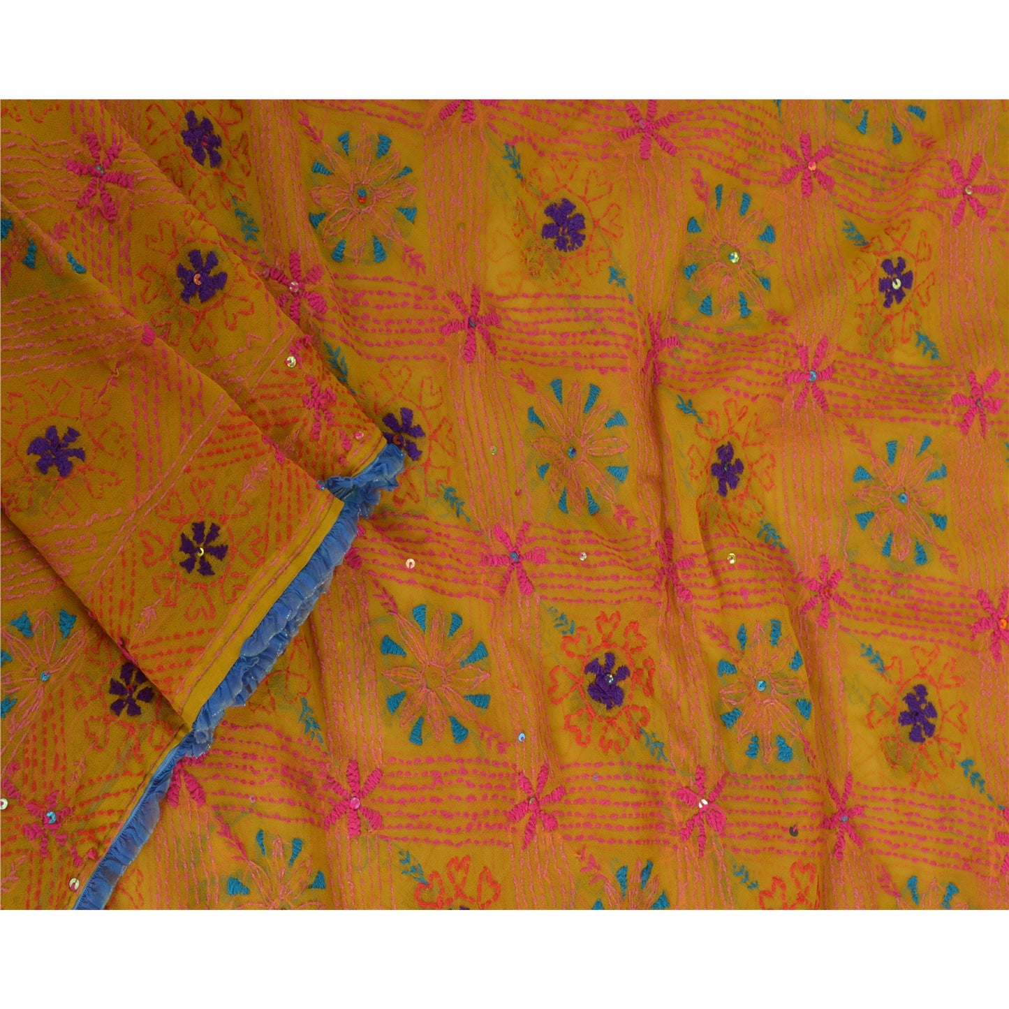 Sanskriti Vintage Dupatta Long Stole Georgette Yellow Hand Beaded Kantha Scarves