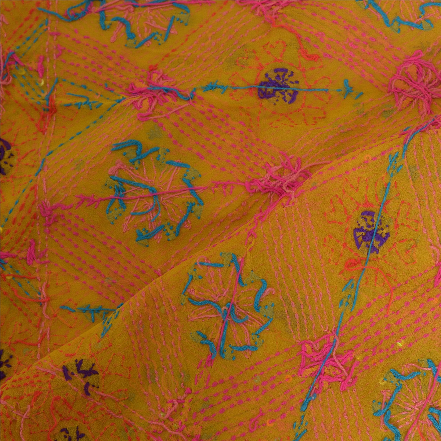 Sanskriti Vintage Dupatta Long Stole Georgette Yellow Hand Beaded Kantha Scarves