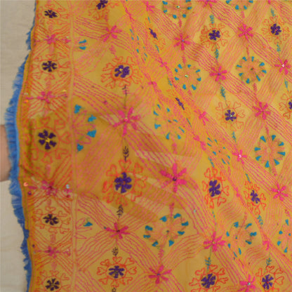 Sanskriti Vintage Dupatta Long Stole Georgette Yellow Hand Beaded Kantha Scarves