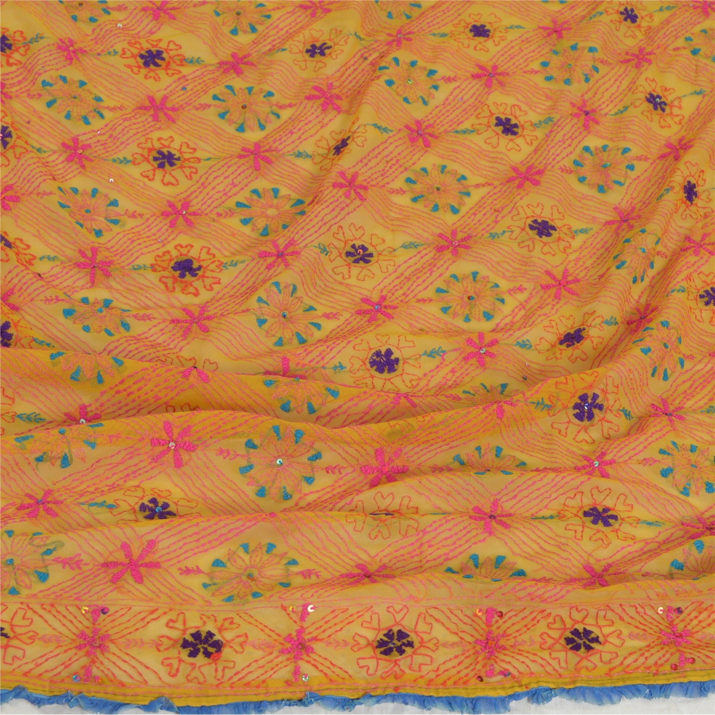 Sanskriti Vintage Dupatta Long Stole Georgette Yellow Hand Beaded Kantha Scarves