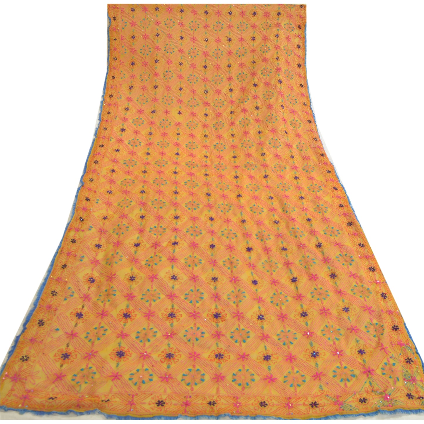 Sanskriti Vintage Dupatta Long Stole Georgette Yellow Hand Beaded Kantha Scarves