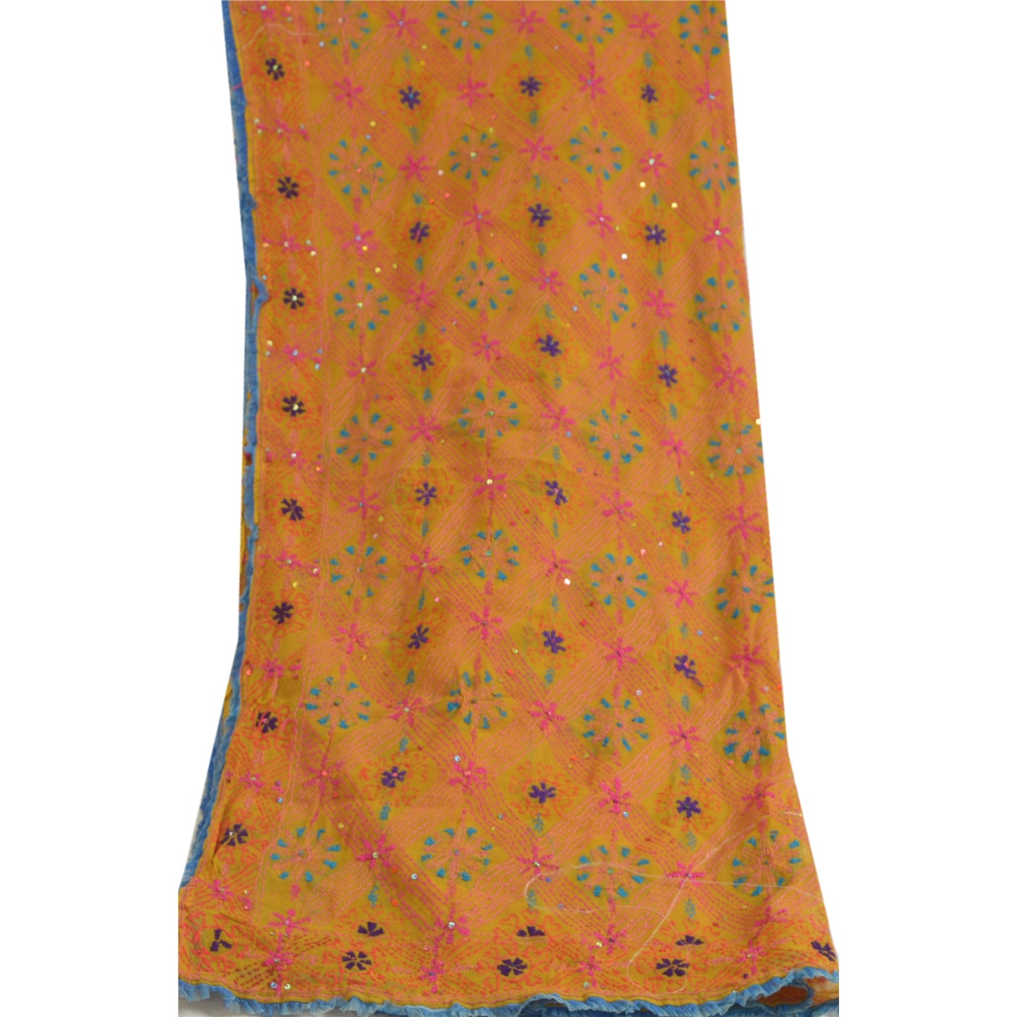 Sanskriti Vintage Dupatta Long Stole Georgette Yellow Hand Beaded Kantha Scarves