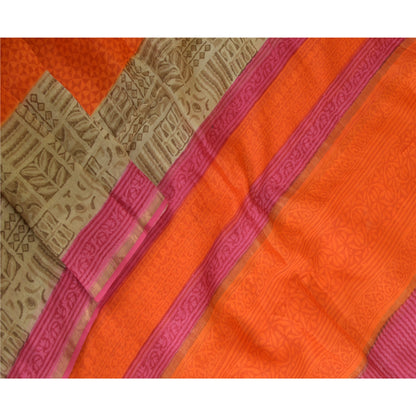 Санскрити Винтаж Оранжевый/Розовый Длинный Палантин Дупатта Хлопок Шелк Блок Печатный Вуаль