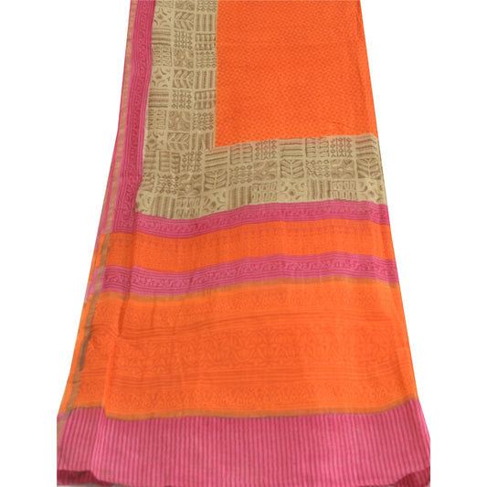 Sanskriti Vintage Orange/Pink Long Dupatta Stole Cotton Silk Block Printed Veil