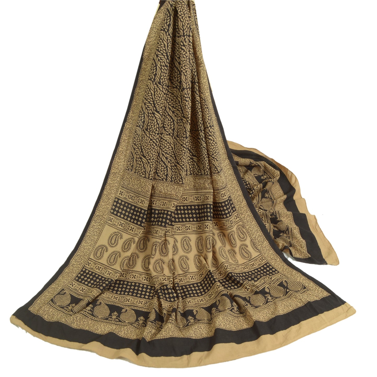 Sanskriti Vintage Long Dupatta Stole Pure Cotton Brown/Black Hand-Block Printed
