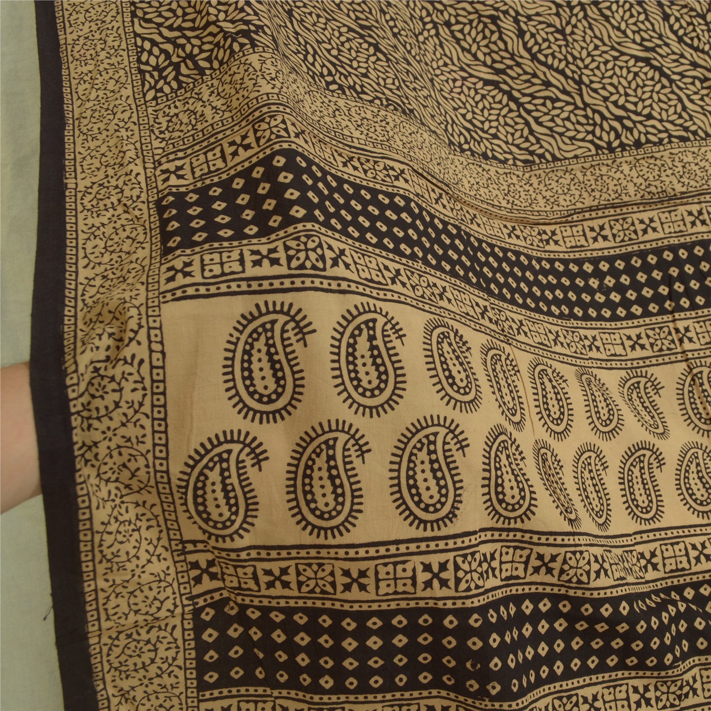 Sanskriti Vintage Long Dupatta Stole Pure Cotton Brown/Black Hand-Block Printed