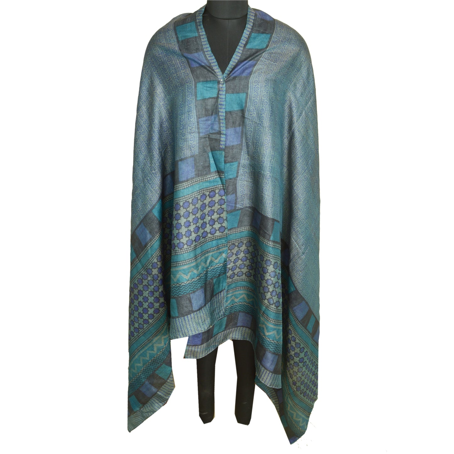 Sanskriti Vintage Blå Lang Dupatta Stola Ren Silke Håndbloktrykt Hijab