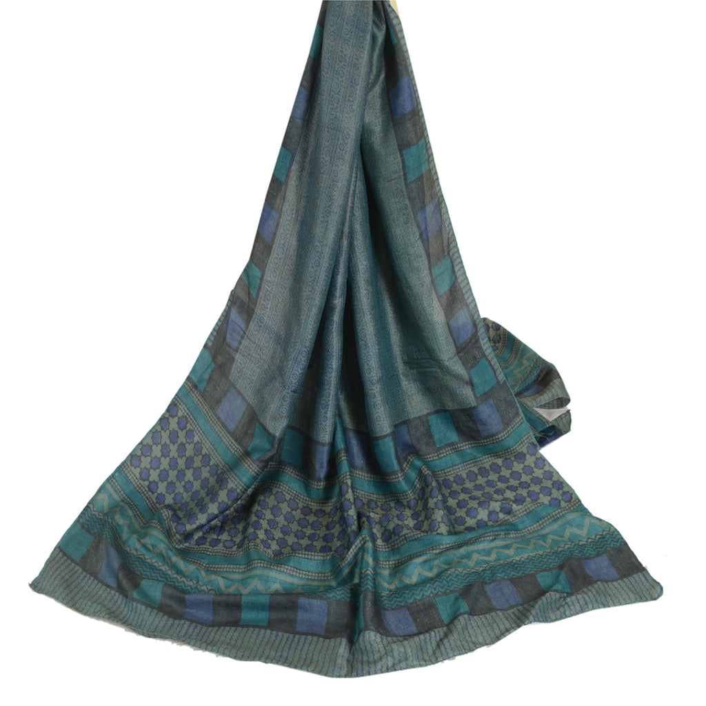 Sanskriti Vintage Blå Lang Dupatta Stola Ren Silke Håndbloktrykt Hijab