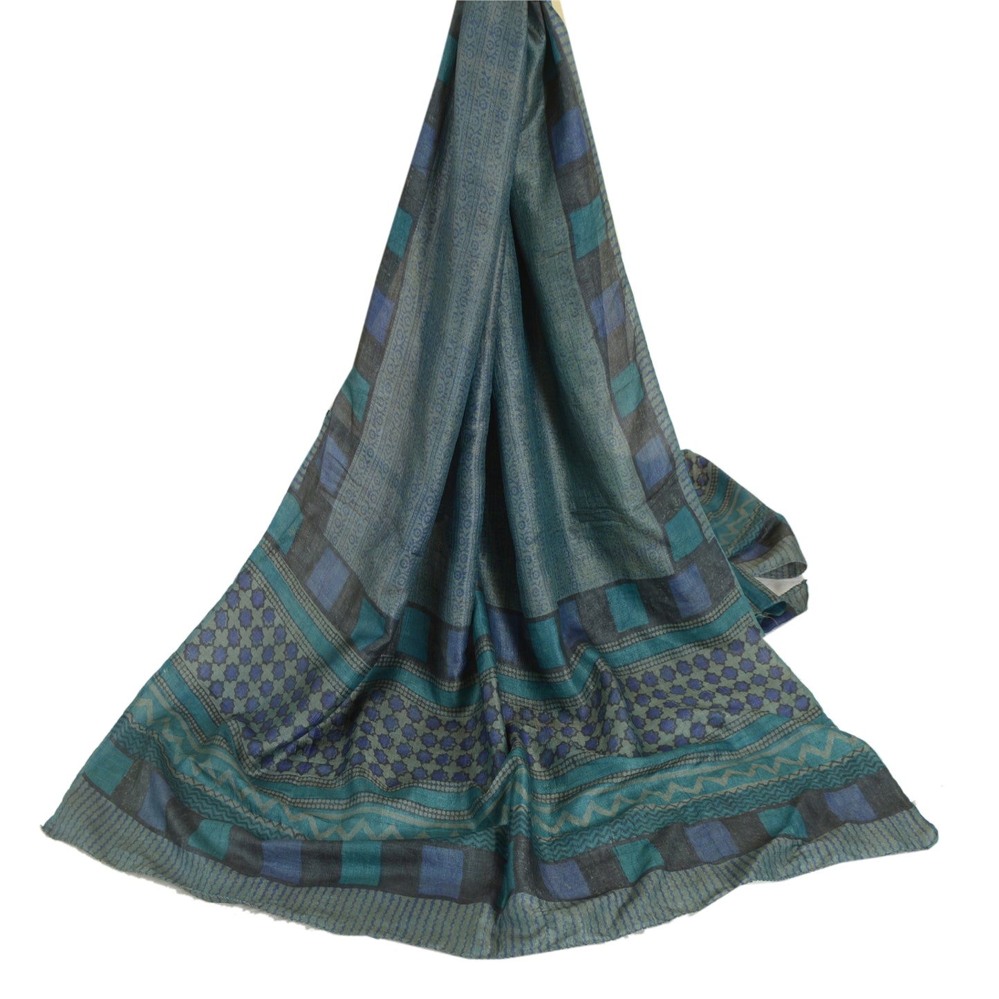 Sanskriti Vintage Blå Lang Dupatta Stola Ren Silke Håndbloktrykt Hijab