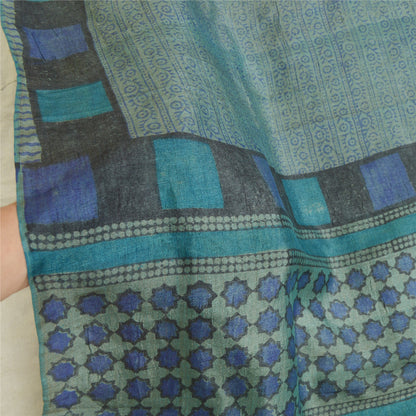 Sanskriti Vintage Blå Lang Dupatta Stola Ren Silke Håndbloktrykt Hijab