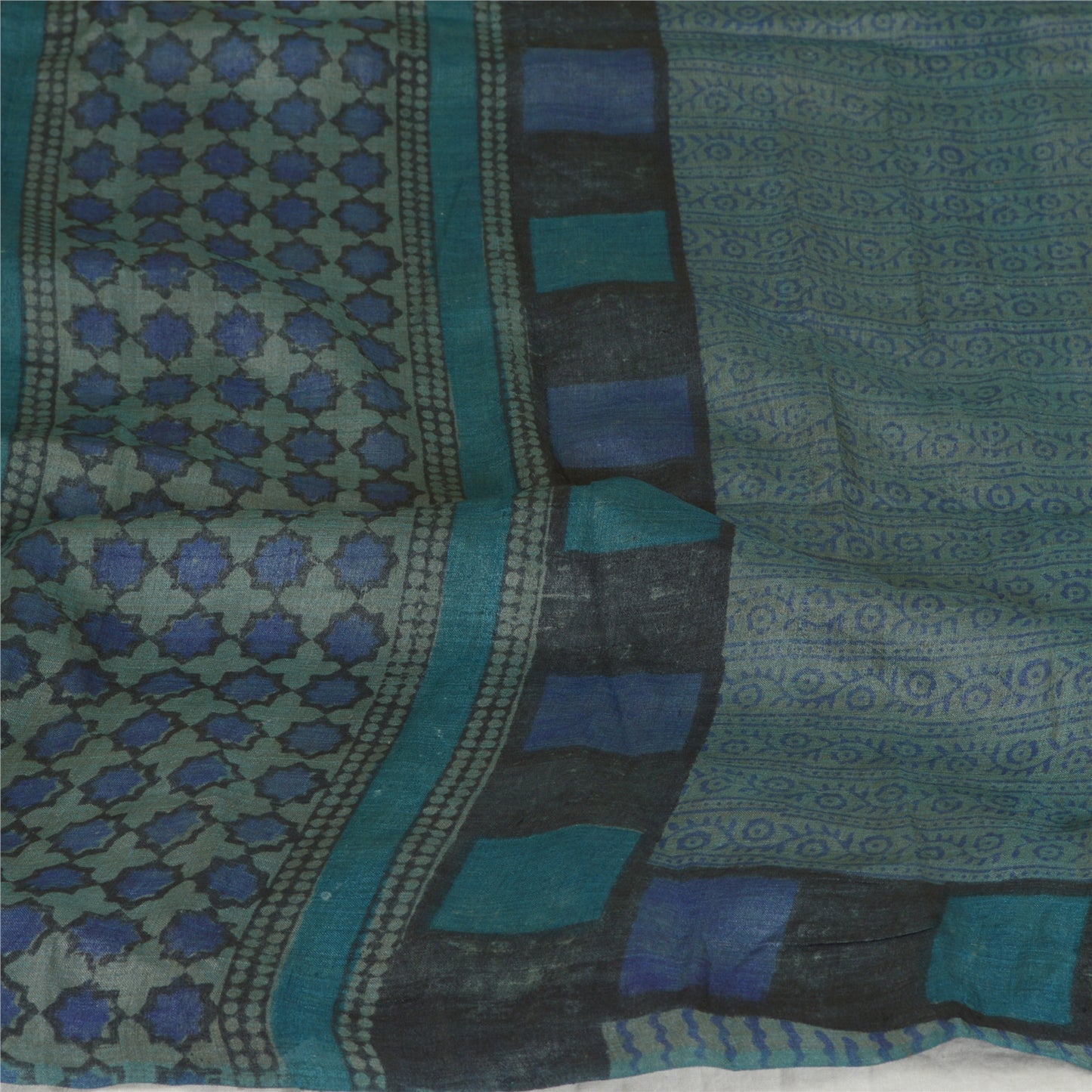 Sanskriti Vintage Blå Lang Dupatta Stola Ren Silke Håndbloktrykt Hijab