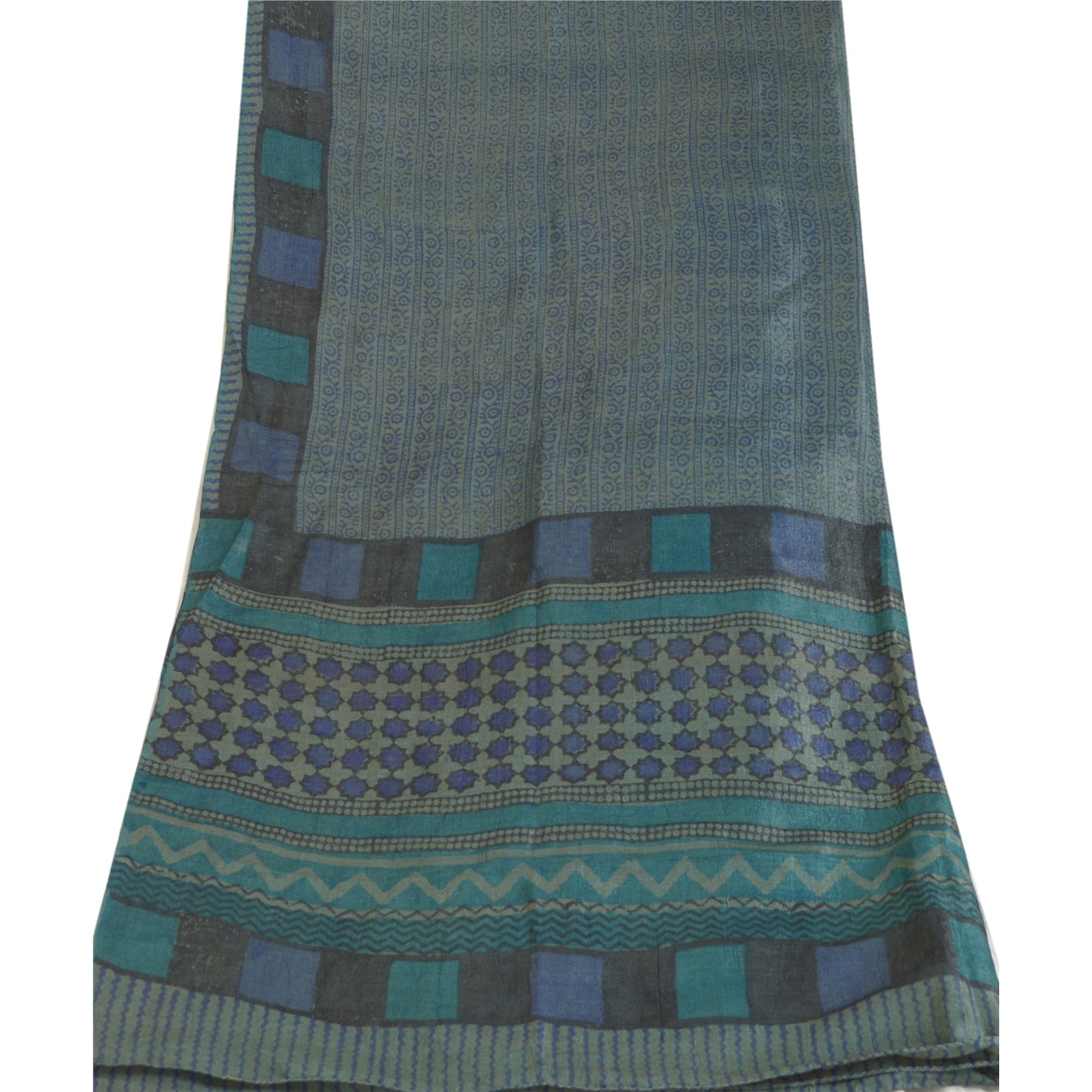 Sanskriti Vintage Blå Lang Dupatta Stola Ren Silke Håndbloktrykt Hijab