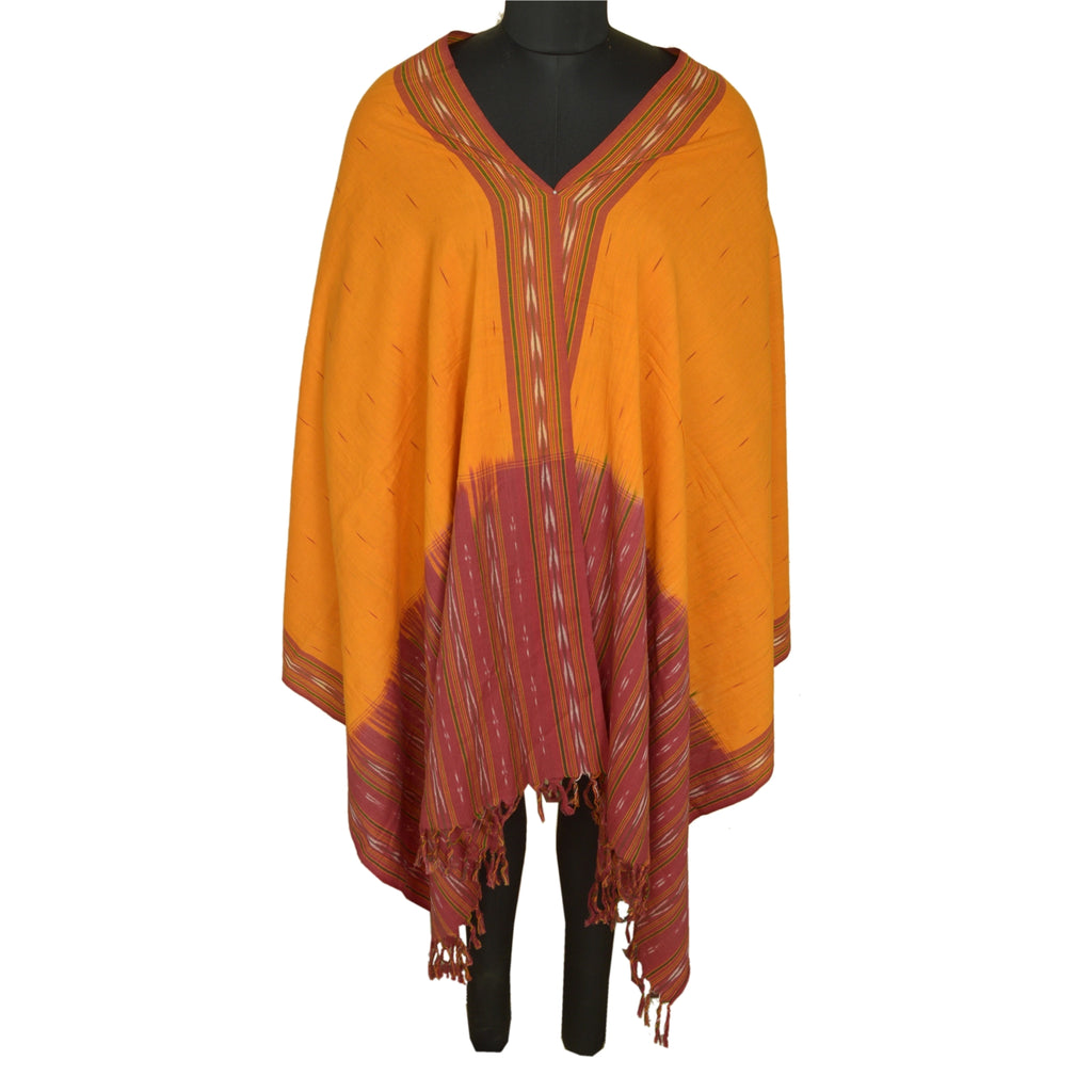 Sanskriti Vintage Long Dupatta Stole Pure Cotton Saffron/Red Woven Ikat Scarves