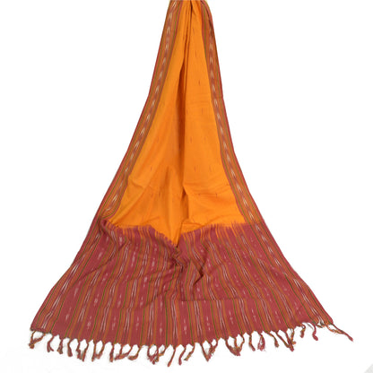 Sanskriti Vintage Long Dupatta Stole Pure Cotton Saffron/Red Woven Ikat Scarves
