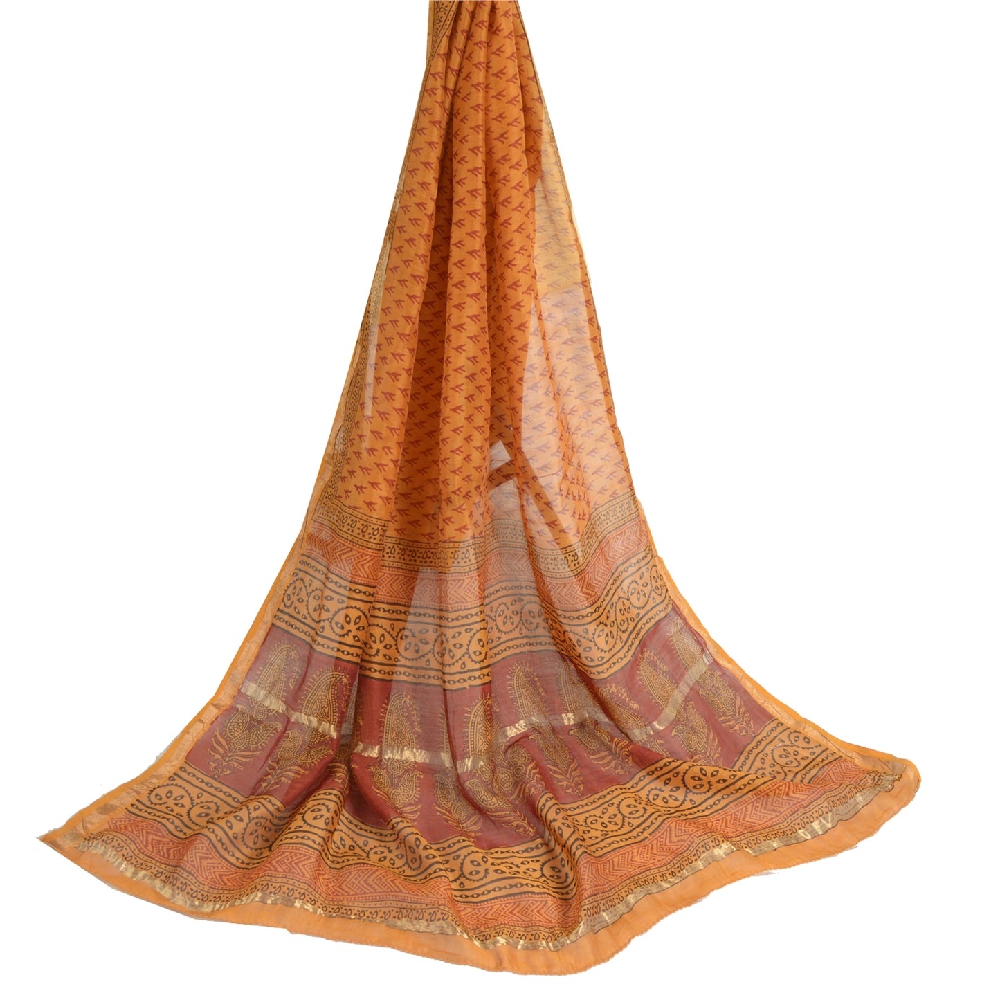 Sanskriti Vintage Long Dupatta Stole Cotton Silk Burnt Orange Hand-Block Printed