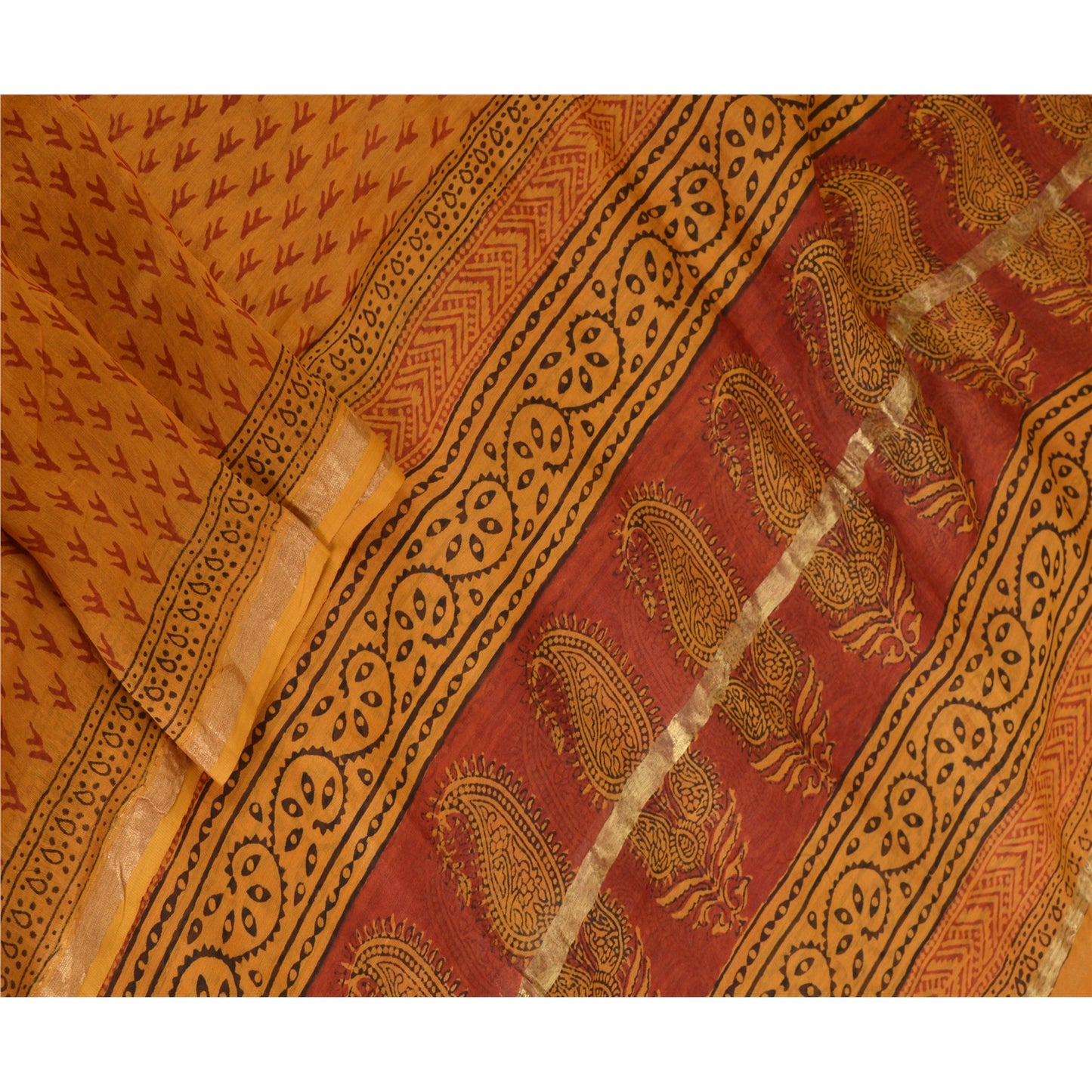 Sanskriti Vintage Long Dupatta Stole Cotton Silk Burnt Orange Hand-Block Printed