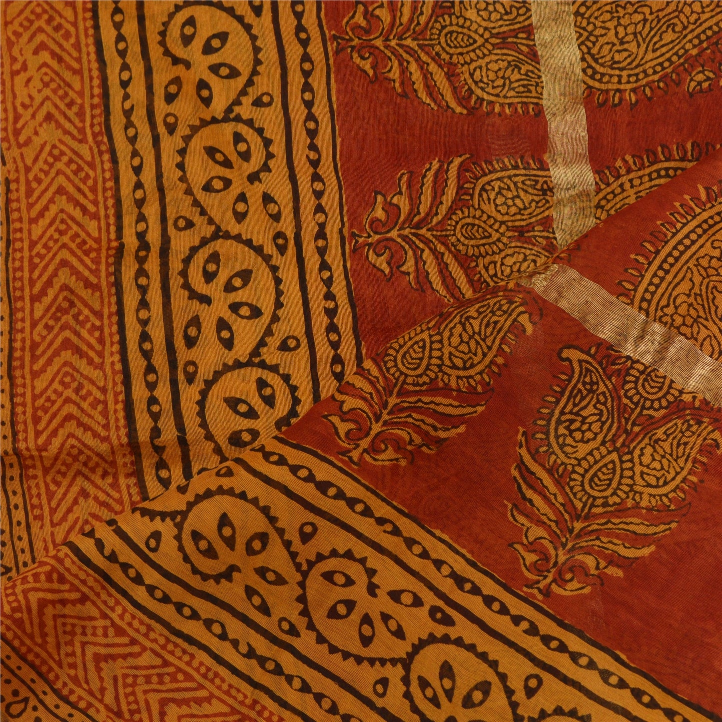 Sanskriti Vintage Long Dupatta Stole Cotton Silk Burnt Orange Hand-Block Printed