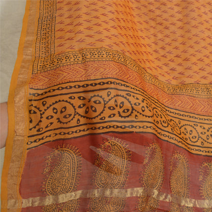 Sanskriti Vintage Long Dupatta Stole Cotton Silk Burnt Orange Hand-Block Printed