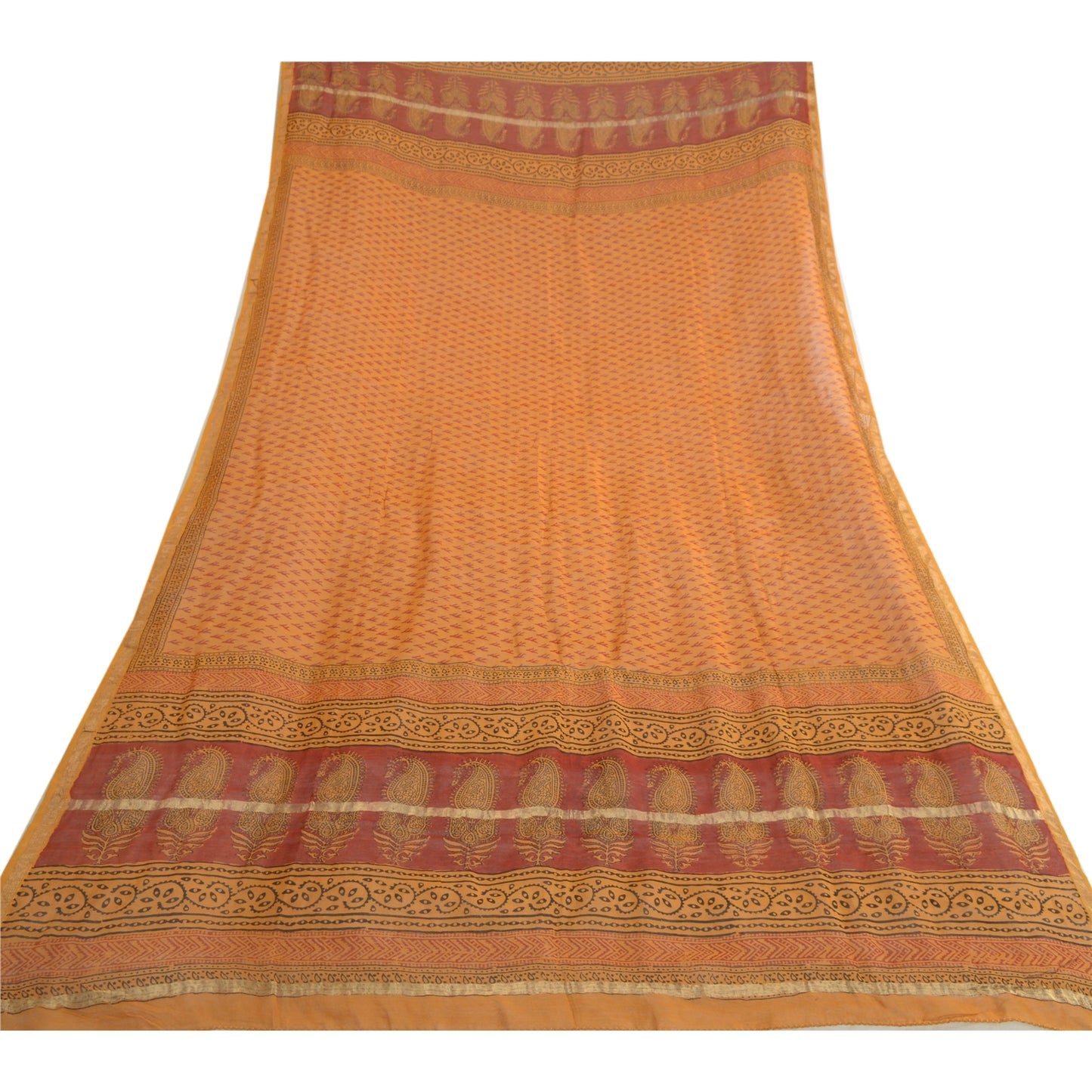 Sanskriti Vintage Long Dupatta Stole Cotton Silk Burnt Orange Hand-Block Printed