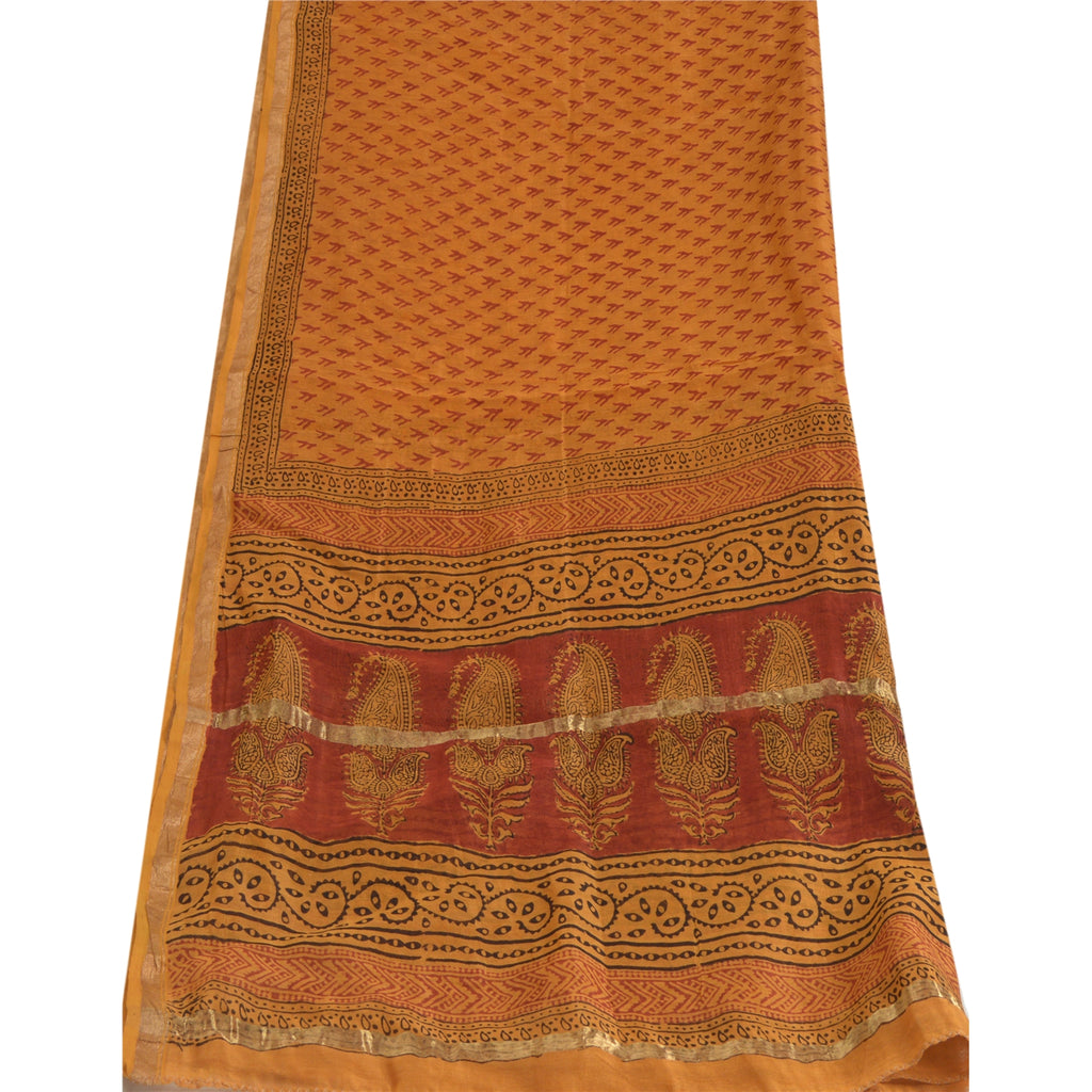 Sanskriti Vintage Long Dupatta Stole Cotton Silk Burnt Orange Hand-Block Printed