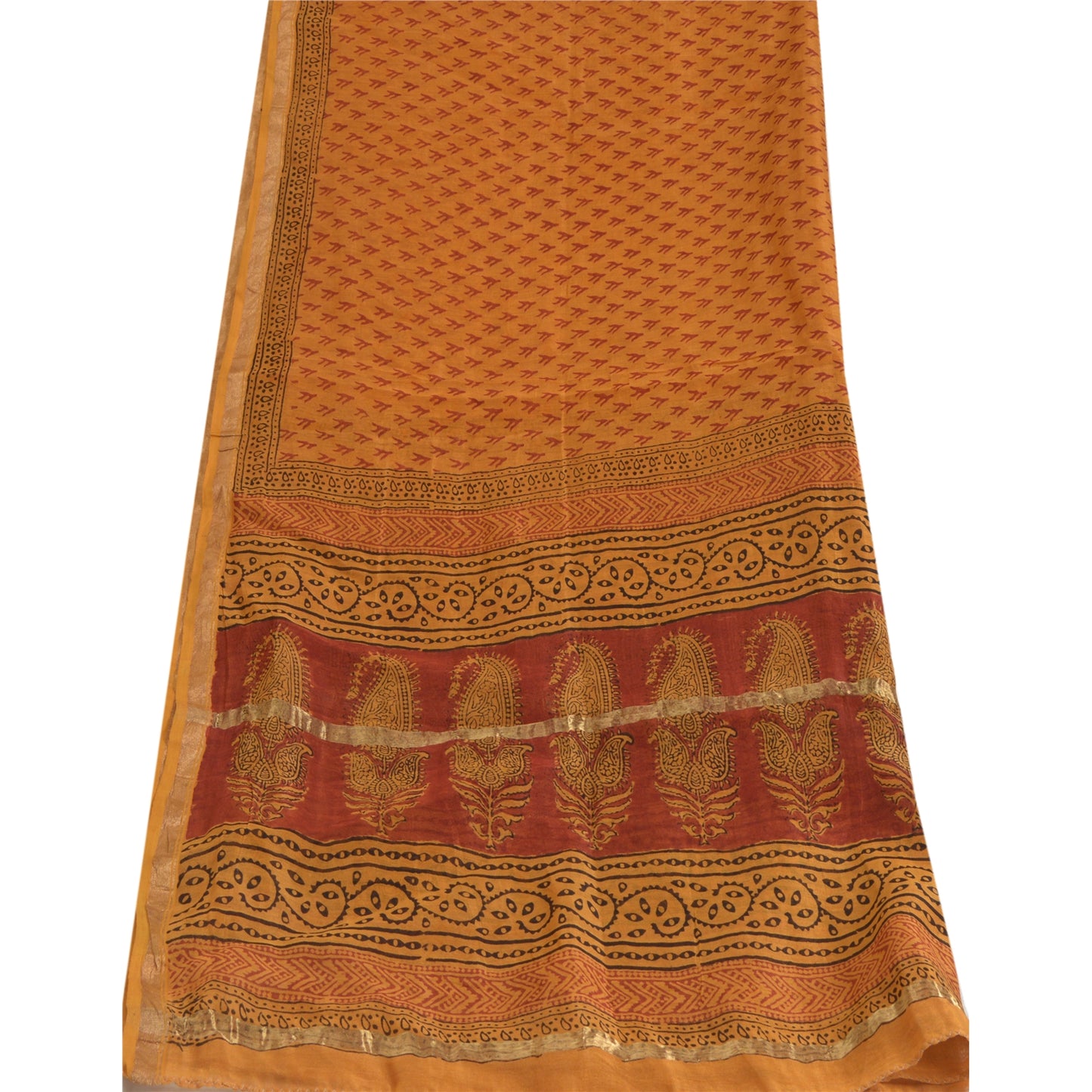 Sanskriti Vintage Long Dupatta Stole Cotton Silk Burnt Orange Hand-Block Printed