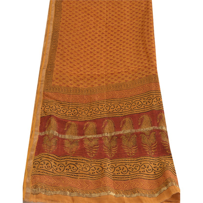 Sanskriti Vintage Long Dupatta Stole Cotton Silk Burnt Orange Hand-Block Printed
