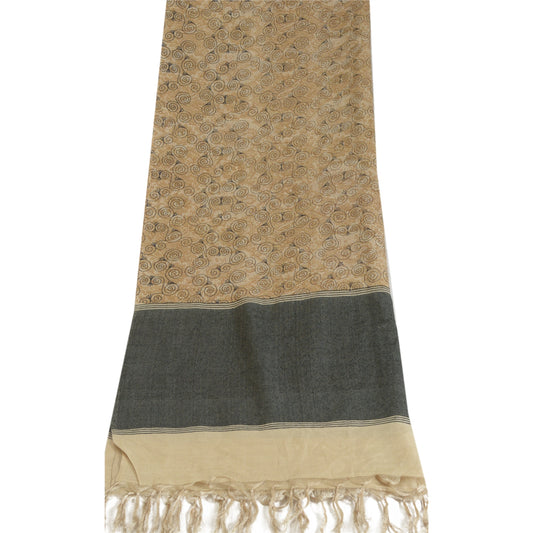 Sanskriti Vintage Long Dupatta Stole Pure Silk Brown/Black Printed Wrap Hijab