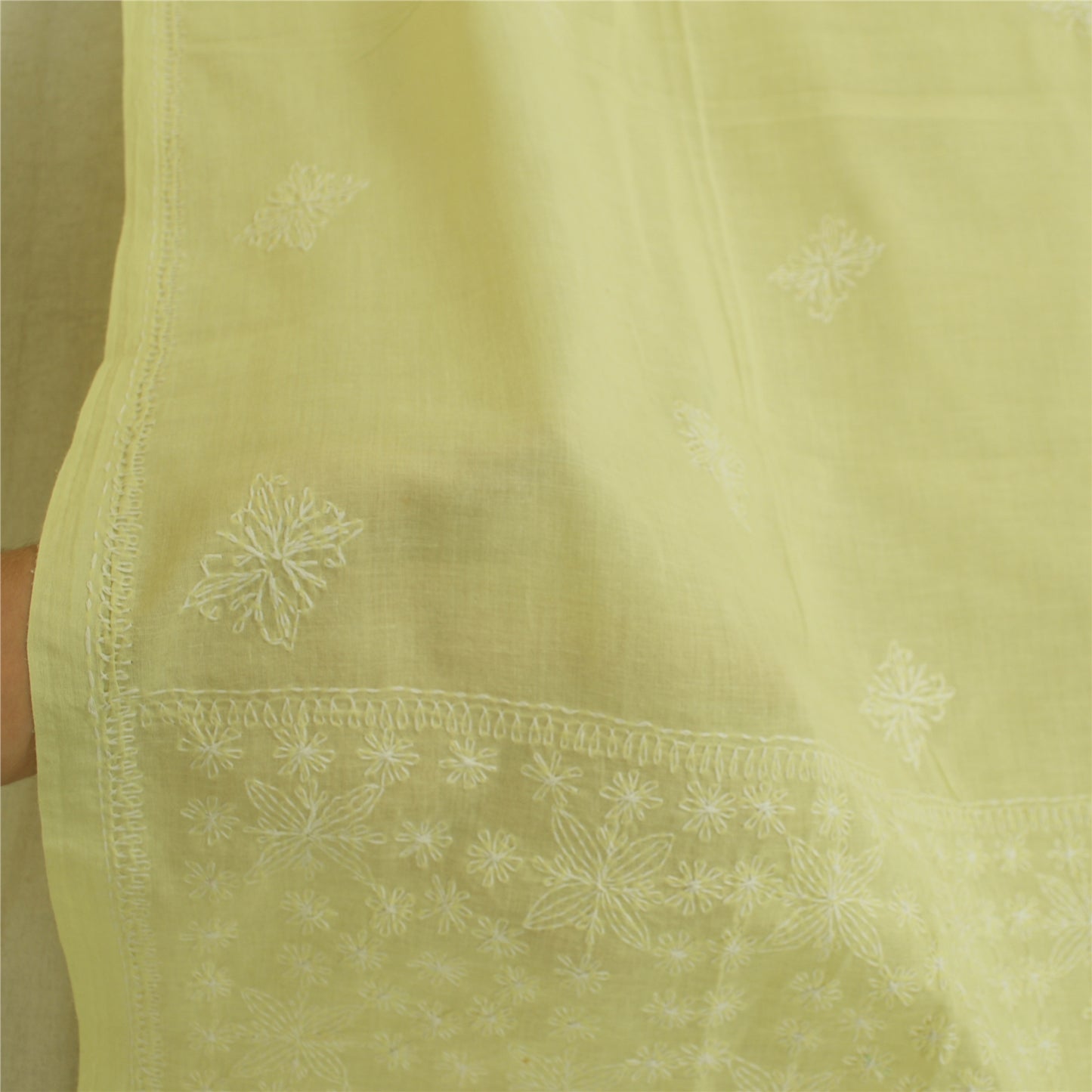 Sanskriti Vintage Dupatta Long Stole Pure Cotton Lemon Hand Beaded Kantha Veil