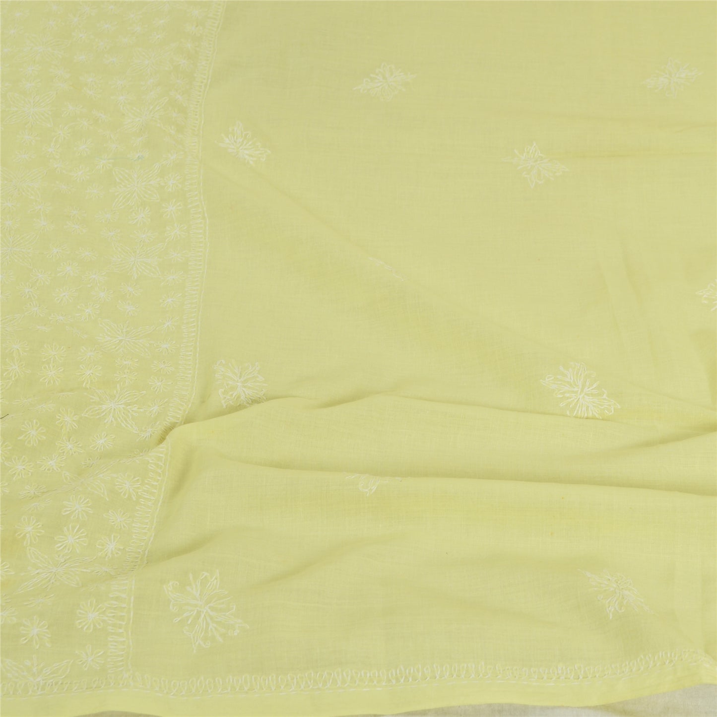 Sanskriti Vintage Dupatta Long Stole Pure Cotton Lemon Hand Beaded Kantha Veil