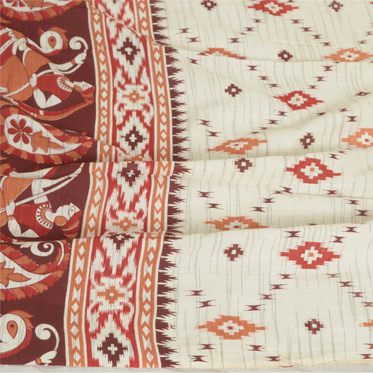 Sanskriti Vintage Ivory/Brown Long Dupatta Stole Pure Cotton Block Printed Hijab