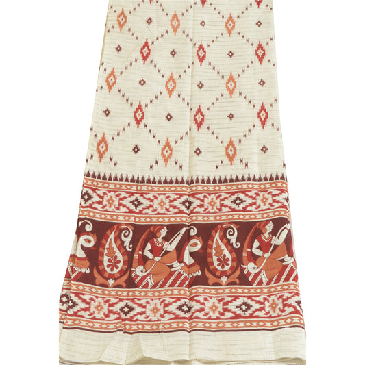 Sanskriti Vintage Ivory/Brown Long Dupatta Stole Pure Cotton Block Printed Hijab