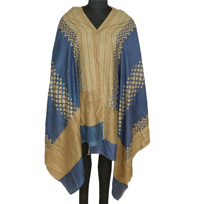 Sanskriti Vintage Long Dupatta Stole Pure Silk Brown/Blue Printed Soft Hijab