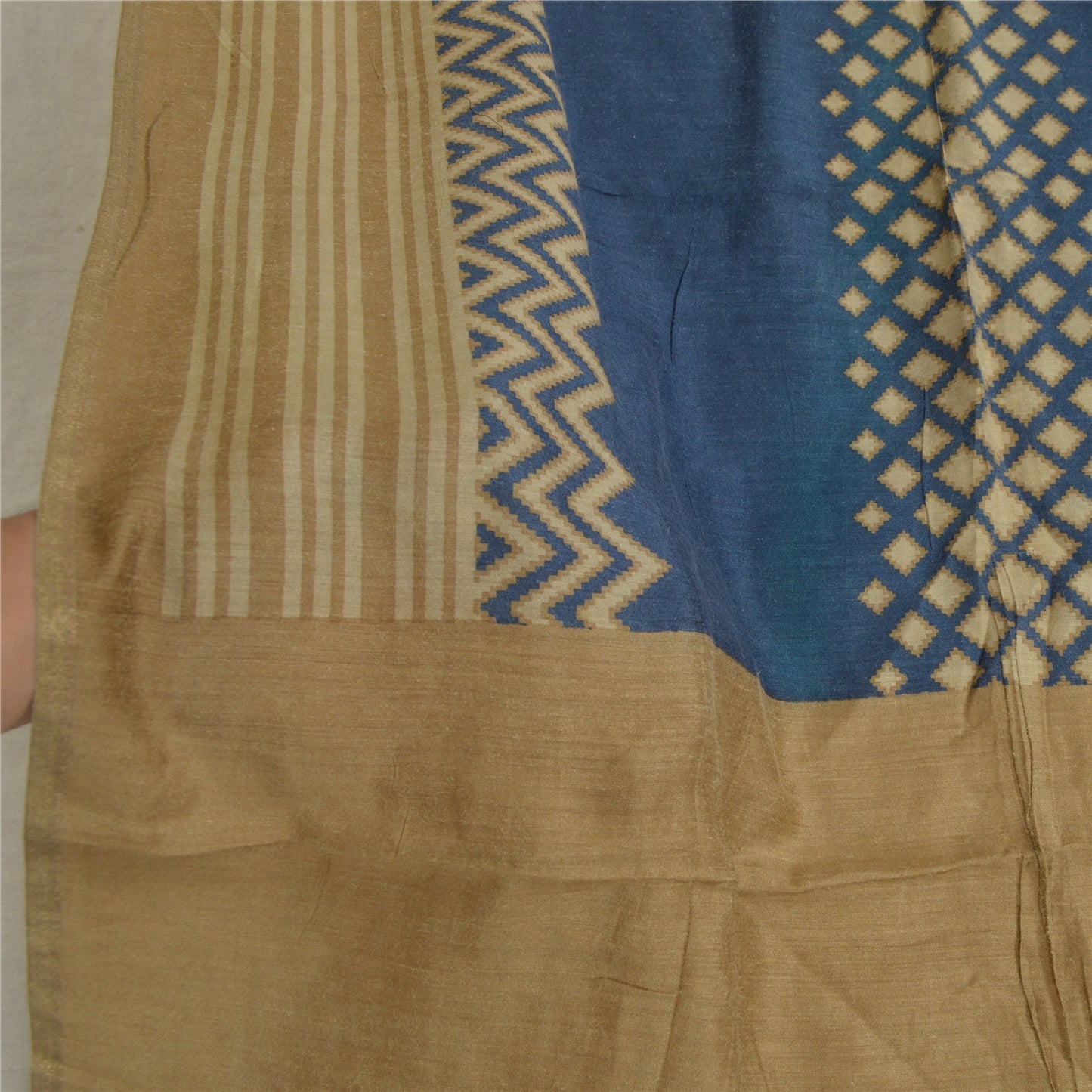 Sanskriti Vintage Long Dupatta Stole Pure Silk Brown/Blue Printed Soft Hijab