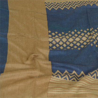 Sanskriti Vintage Long Dupatta Stole Pure Silk Brown/Blue Printed Soft Hijab