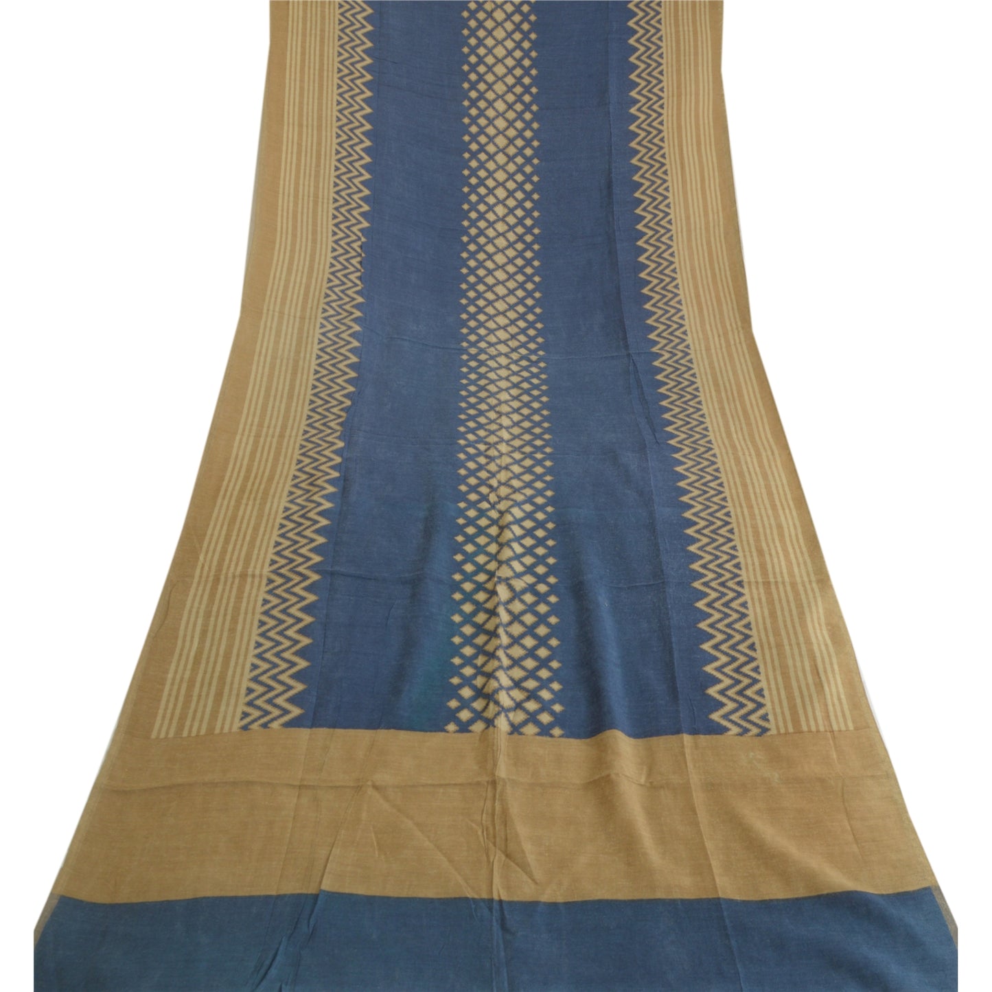 Sanskriti Vintage Long Dupatta Stole Pure Silk Brown/Blue Printed Soft Hijab