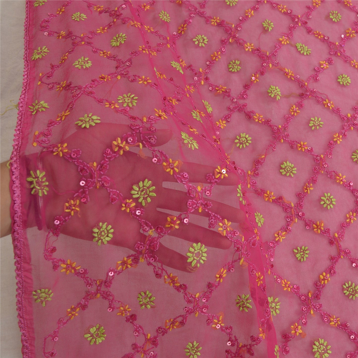 Sanskriti Vintage Pink Long Dupatta/Stole Georgette Handmade Chikankari Veil