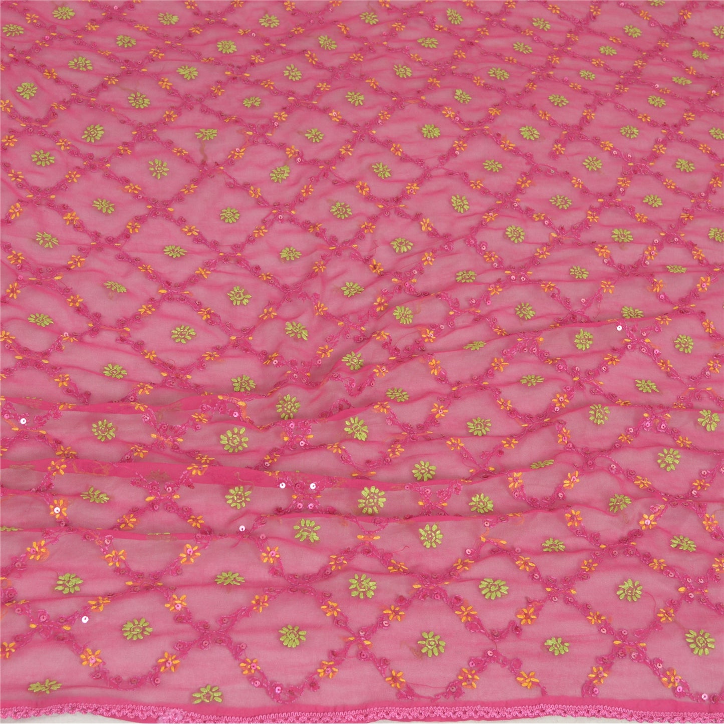 Sanskriti Vintage Pink Long Dupatta/Stole Georgette Handmade Chikankari Veil