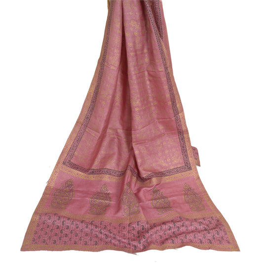 Sanskriti Vintage Long Dupatta Stole Pure Silk Pink Hand-Block Printed Scarves