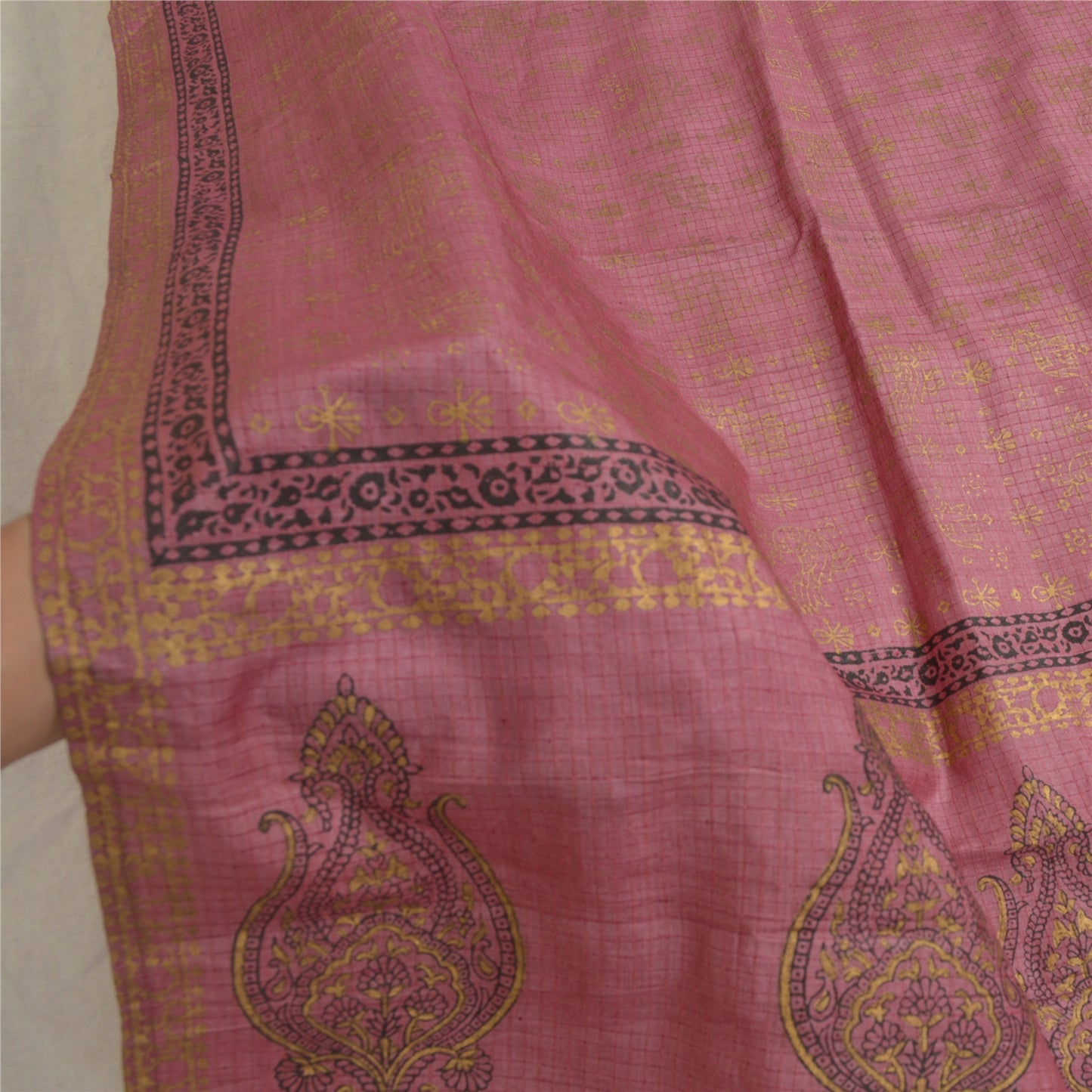 Sanskriti Vintage Long Dupatta Stole Pure Silk Pink Hand-Block Printed Scarves