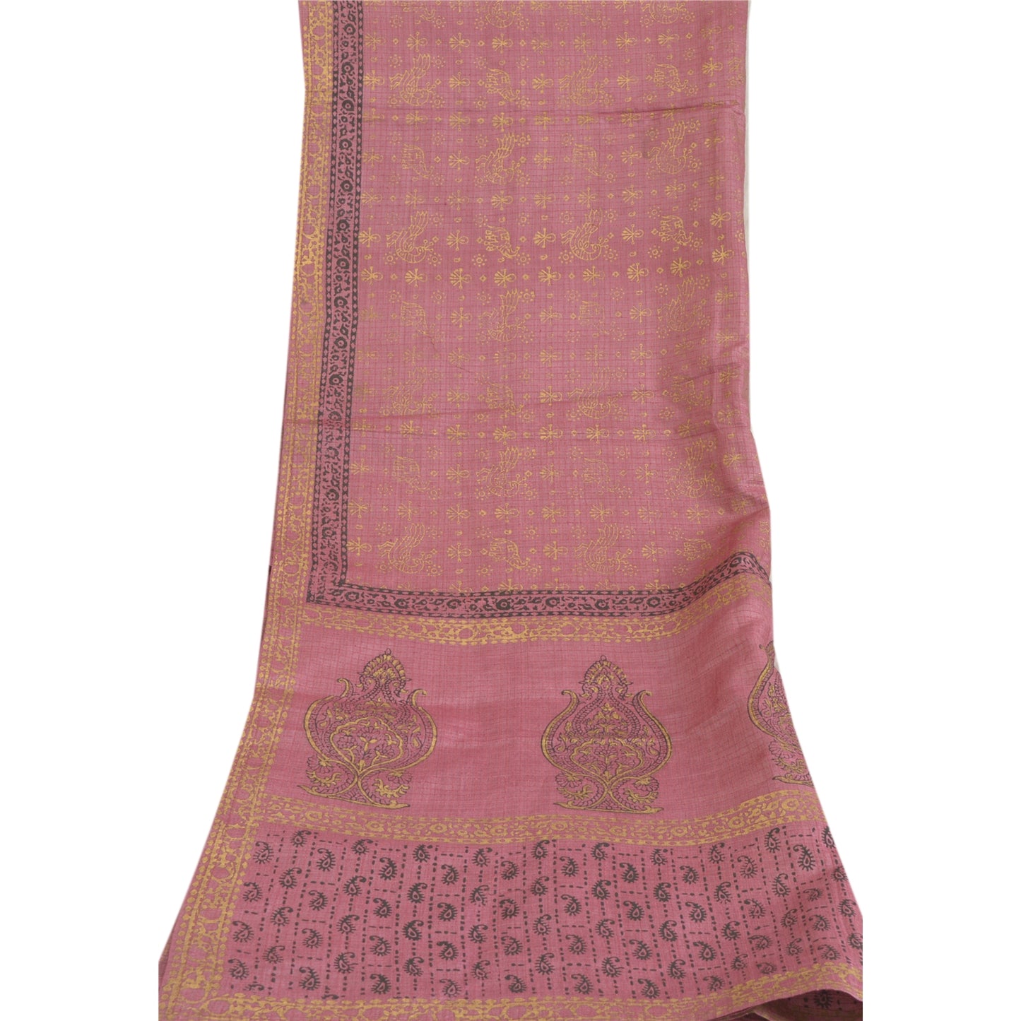 Sanskriti Vintage Long Dupatta Stole Pure Silk Pink Hand-Block Printed Scarves